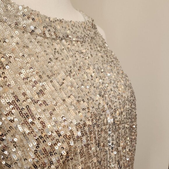 CECE CHAMPAGNE SEQUIN COLD SHOULDER BLOUSE - EUC - XS - Picture 6 of 10